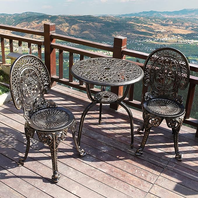 Patio Bistro Set.Rust-Resistant Cast Aluminum Bistro Table Set with Umbrella Hole for Backyard (Crown Copper) - LeafyLoom