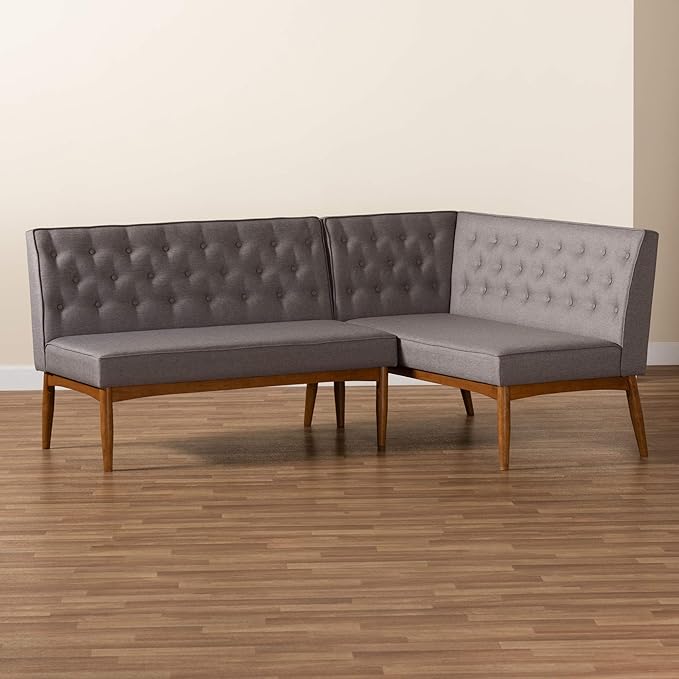 Baxton Studio Riordan Mid-Century Modern Grey Fabric Upholstered and Walnut Brown Finished Wood 2-Piece Dining Nook Banquette Set - LeafyLoom