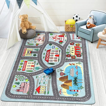 LIVEBOX Soft Kids Rug 4'x6' Carpet Play Mat for Baby Boys Girls, City Life Road Traffic Playroom Rug for Playing Cars Toys, Educational Nursery Rug for Children Bedroom Kids Room - LeafyLoom