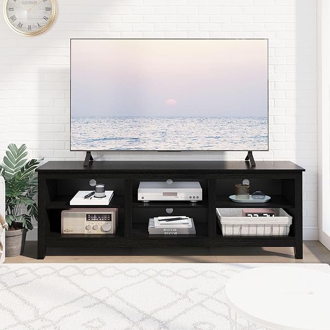 TV Stand for 75 inch TV with Storage,Modern TV Entertainment Center for Bedroom,TV Media Console Table with 6 Open Storage Shelve,63 inch Wood TV Cabinet Black - LeafyLoom