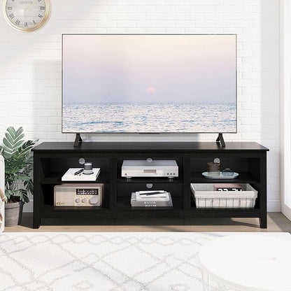 TV Stand for 75 inch TV with Storage,Modern TV Entertainment Center for Bedroom,TV Media Console Table with 6 Open Storage Shelve,63 inch Wood TV Cabinet Black - LeafyLoom