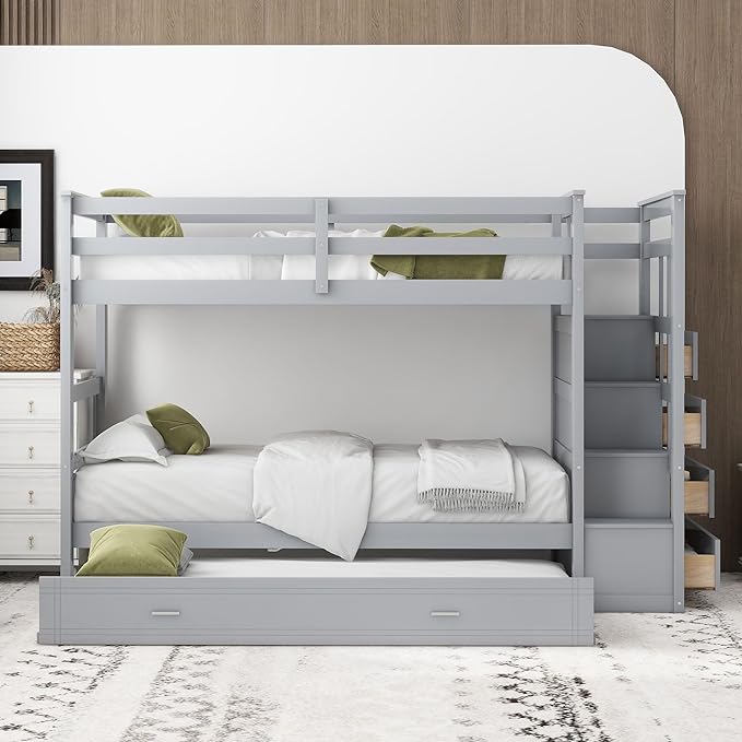 Twin Over Twin Bunk Bed with Stairs, 4 Storage Drawers and Trundle, Wooden Bunkbeds with Staircase and Full-Length Guardrails, for Kids/Teens Bedroom, Gray - LeafyLoom