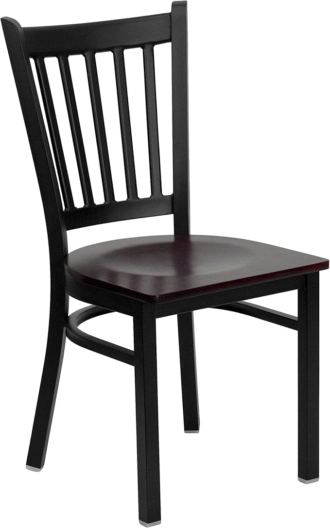 Flash Furniture 2 Pk. HERCULES Series Black Vertical Back Metal Restaurant Chair - Mahogany Wood Seat - LeafyLoom