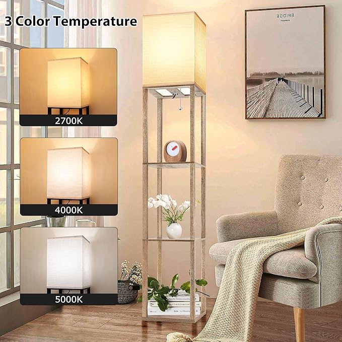 Floor Lamp with Shelves for Living Room Natural Wood, Shelf Floor Lamp with 3 CCT LED Bulb, Corner Display Standing Column Lamp Etagere Organizer Tower Nightstand with White Linen Shade for Bedroom - LeafyLoom