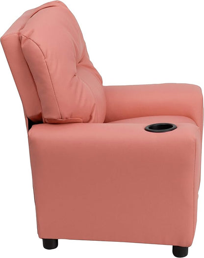 Flash Furniture Chandler Vinyl Kids Recliner with Cup Holder and Safety Recline, Contemporary Reclining Chair for Kids, Supports up to 90 lbs., Pink - LeafyLoom