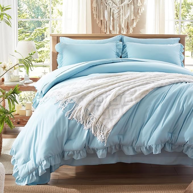 Anluoer King Comforter Set, Blue Bed in a Bag 7 Piece with Sheets, All Season Ruffle Shabby Chic Bedding Sets with 1 Comforter, 2 Pillow Shams, 2 Pillowcases, 1 Flat Sheet, 1 Fitted Sheet - LeafyLoom