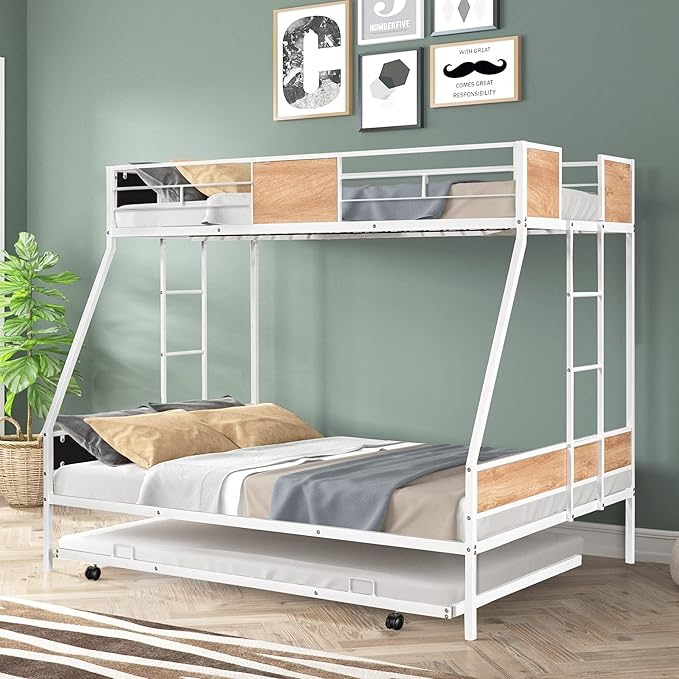 Twin over Full Bunk Bed with Trundle,Heavy-duty Sturdy Metal,Noise Reduced,Safety Guardrail,Wooden Decoration,Convenient-Trundle,Bunk-Bed for Three,CPC Certified,No Box Spring Needed,White - LeafyLoom