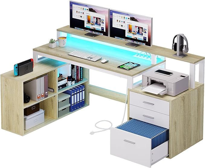 DWVO L Shaped Desk with Power Outlets & LED Lights, 65" Computer Desk with Drawers, Corner Desk Office Desk with File Cabinet & Printer Stand, ﻿White & Oak - LeafyLoom