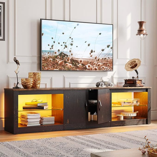 Bestier 70 Inch Led TV Stand for 75 Inch TV Large Entertainment Center Gaming with Adjustable Glass Shelves Two Cabinets Modern TV Console for Living Room 22 RGB Modes, Golden Black - LeafyLoom