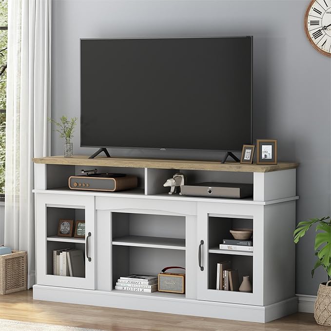 58 Inch TV Stand, Television Stands with 2 Tempered Glass Doors, Storage Cabinet and Shelves, Entertainment Center for Living Room, White+Wood - LeafyLoom