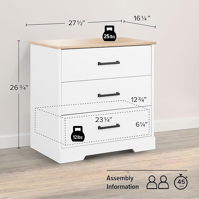 Prepac Three Drawer Nightstand, 16.25" D x 27.5" W x 26.75" H, White & Oak - LeafyLoom