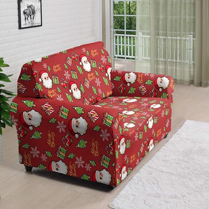 FKELYI Christmas Decor Red Sofa Slipcover for Living Room Santa Claus Sofa Couch Cover with Elastic Bottom Non-Slip Furniture Protector M FKELYI