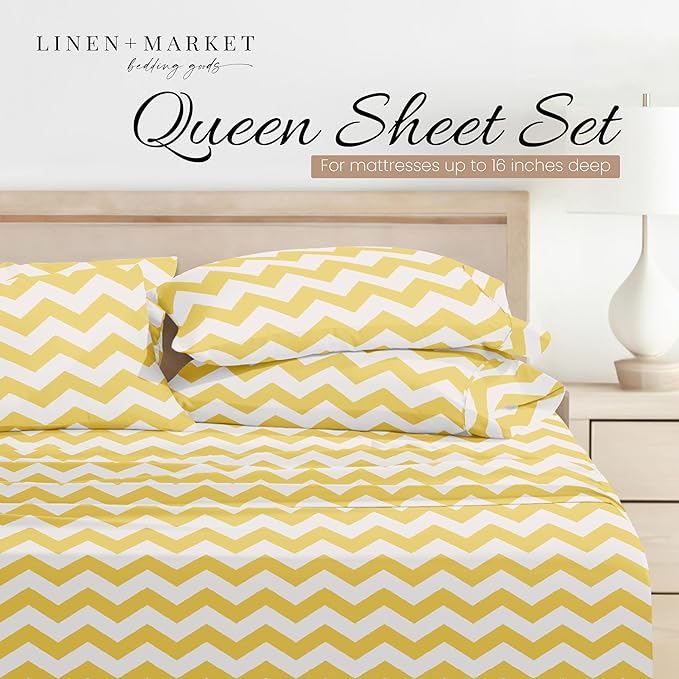 Linen Market 4 Piece Queen Bedding Sheet Set (Yellow Arrow) - Sleep Better Than Ever with These Ultra-Soft & Cooling Bed Sheets for Your Queen Size Bed - Deep Pocket Fits 16" Mattress - LeafyLoom