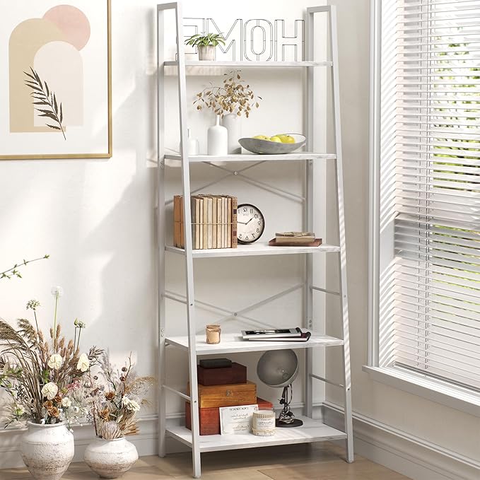 Yusong Ladder Shelf,Industrial 5-Tier Bookshelf,Free Standing Bookcase,Utility Organizer Shelves for Plant Flower,Wood Look Accent Furniture with Metal Frame for Home Office, (White) - LeafyLoom