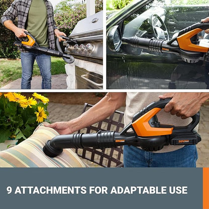 Worx 20V Cordless Leaf Blower WG545.1, Up to 120 MPH Air Speed, Long Nozzle Design for Narrow Spaces, Ideal for Indoor and Outdoor Cleaning, 9x Cleaning Attachments, Battery and Charger Included - LeafyLoom