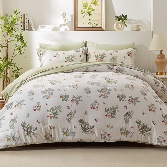 EMME Queen Comforter Set - Sage Green Floral Bedding Set 7 PCS with Flowers Leaves Pattern, Soft Plant Printed Botanical Bed Set with Sheets, Fluffy Bed Bag for All Season(90"X90") - LeafyLoom