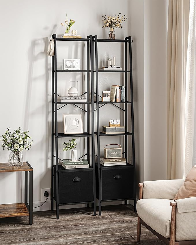 Narrow Bookshelf Bookcase with Drawer, Ladder Shelf with 2 Hooks, Bookshelves Storage Organizer, Freestanding Display Standing for Home Office, Bedroom, 6 Tier Black BC19604B - LeafyLoom