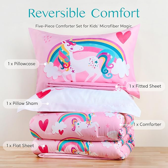 Joiedomi Kid Twin Comforter Set - 5 Piece Unicorn Rainbow Bedding Set for Boys/Girls - Super Soft Microfiber Bed in a Bag with Comforter, Sheets, Pillowcase & Sham - LeafyLoom