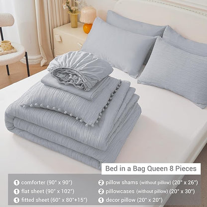 8 Piece Woven Texture Grey Comforter Queen Size, Bed in A Bag Bedding Sets Queen with Comforter and Sheets, Soft Lightweight Comforter Set with Deocor Throw Pillow, Grey - LeafyLoom