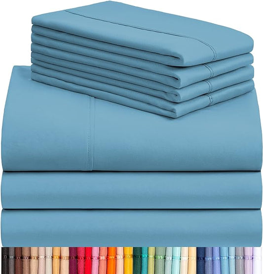 LuxClub 7 PC Split King Sheet Set, Breathable Luxury Bed Sheets, Deep Pockets 18" Eco Friendly Wrinkle Free Cooling Sheets Machine Washable Hotel Bedding Silky Soft - Light Blue Split King - LeafyLoom