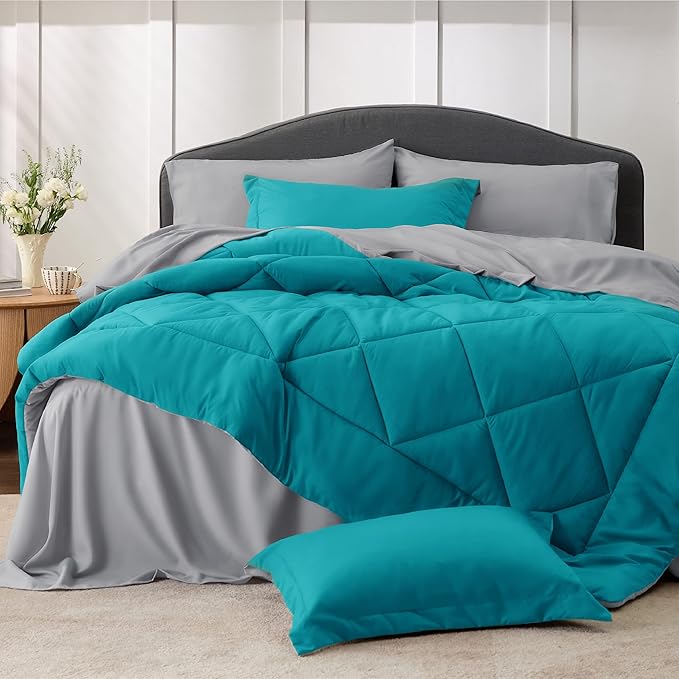 Bedsure Teal Twin Comforter Set - 5 Pieces Reversible Twin Bed in a Bag, Extra Long Twin Bed Set with Comforters, Sheets, Pillowcase & Sham, Twin Bedding Sets for College - LeafyLoom