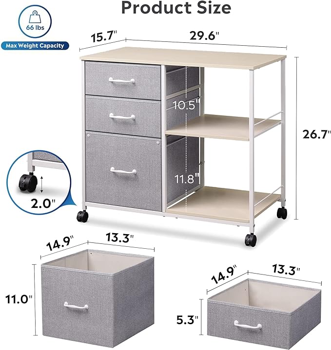 DEVAISE 3 Drawer Mobile File Cabinet, Rolling Printer Stand with Open Storage Shelf, Fabric Lateral Filing Cabinet fits A4 or Letter Size for Home Office, Light Grey - LeafyLoom