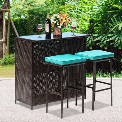 FDW 3PCS Patio Bar Set Outdoor Furniture Set Wicker Bistro Set with Two Stools for Patio Backyard Balcony,Blue Cushion - LeafyLoom