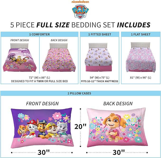 Franco Kids Bedding Super Soft Comforter and Sheet Set, 5 Piece Full Size, Paw Patrol Girls - LeafyLoom