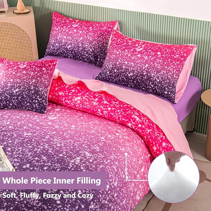 PERFEMET Purple Glitter Comforter Set Twin Size 6 Pieces Bed in A Bag for Teen Girls 3D Colorful Rainbow Bedding Comforter Sheet Set Ultra Soft Galaxy Quilted Duvet - LeafyLoom