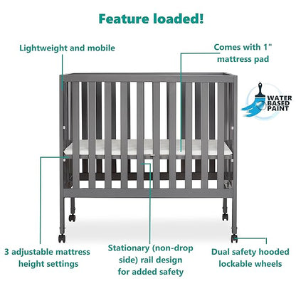 Jett Non-Full Size Folding Convertible Crib, Lightweight Portable Crib, Three Adjustable Mattress Height Settings, Easy to Fold Travel Crib, 1.5” Mattress Pad Included - LeafyLoom