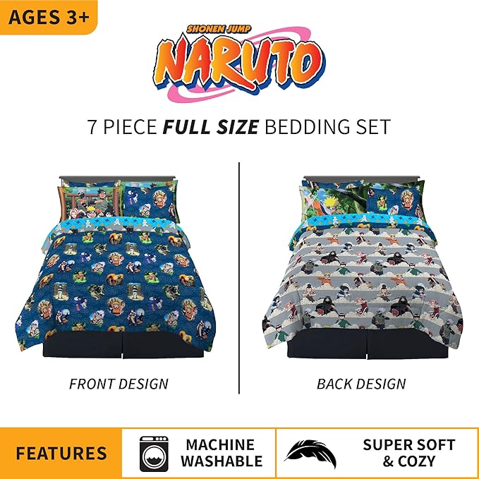 Naruto Anime Bedding Super Soft Comforter and Sheet Set with Sham, 7 Piece Full Size, By Franco - LeafyLoom