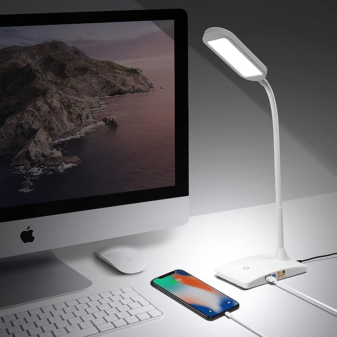 TW Desk Lamps for Home Office - Super Bright Small Desk Lamp with USB Charging Port, a Perfect LED Desk Light as Study Lamp, Bedside Reading Lights, White - LeafyLoom