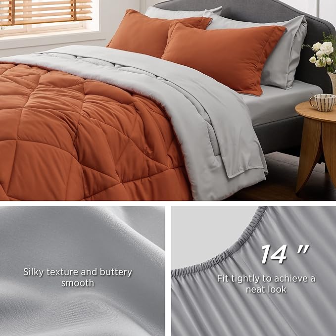 Bedsure Burnt Orange Twin XL Comforter Set - 5 Pieces Reversible Twin XL Bed in a Bag Twin XL Bed Set with Comforters, Sheets, Pillowcase & Sham, Twin XL Bedding Sets - LeafyLoom