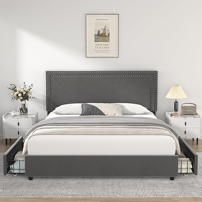 VECELO Full Size Upholstered Platform Bed Frame with 4 Storage Drawers, Adjustable Velvet Rivets Headboard, Wooden Slats Support, No Box Spring Needed, Easy Assembly - LeafyLoom