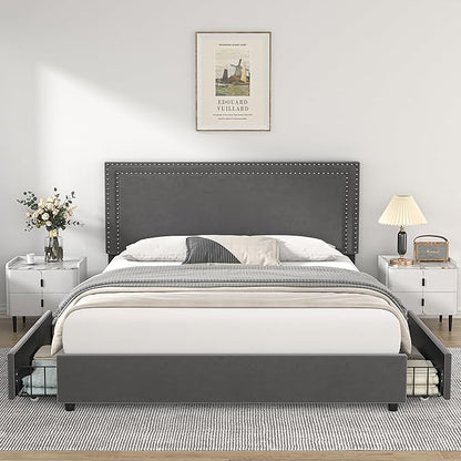 VECELO Full Size Upholstered Platform Bed Frame with 4 Storage Drawers, Adjustable Velvet Rivets Headboard, Wooden Slats Support, No Box Spring Needed, Easy Assembly - LeafyLoom