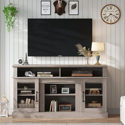 58 Inch TV Stand, Television Stands with 2 Tempered Glass Doors, Storage Cabinet and Shelves, Entertainment Center for Living Room, Barnwood - LeafyLoom