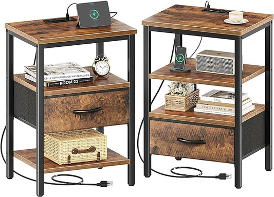 SUPERJARE Nightstand Set of 2, Bed Side Tables with Charging Station, Adjustable Fabric Drawer, Night Stand for Bedroom, 3-Tier Storage End Tables, for Living Room, Rustic Brown - LeafyLoom