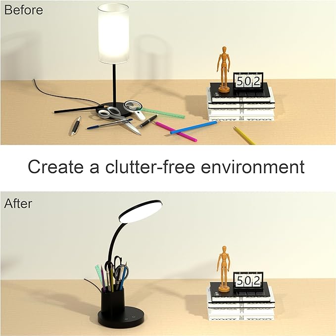 Desk Lamp, LED Desk Lamp for Home Office, Touch Table Lamp with 3 Color Modes 360° Adjustable Arm, Dimmable Desk Light with Pen Phone Holder, Black - LeafyLoom