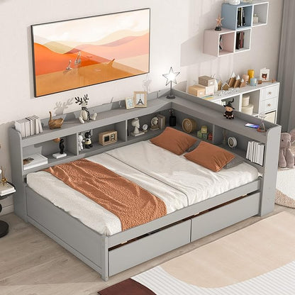 Full Size Platform Bed with L-Shaped Bookcase and 2 Storage Drawers, Wood Daybed frames with Headboard, Gray - LeafyLoom