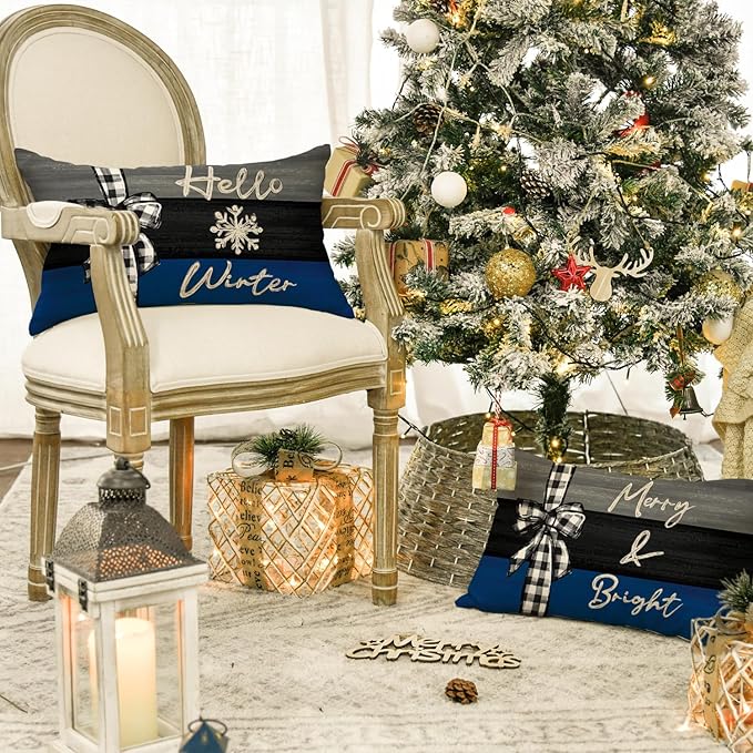 AVOIN colorlife Merry Christmas Joy Xmas Trees Blue and Black Throw Pillow Covers, 12 x 20 Inch Christmas Winter Holiday Cushion Case Decoration for Sofa Couch Set of 4 AVOINcolorlife