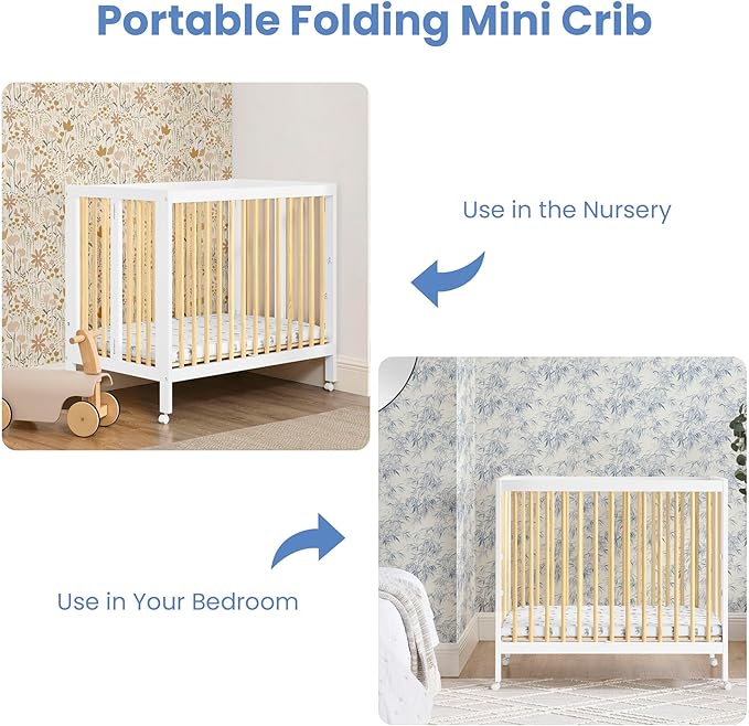 Delta Children Mia Portable Folding Mini Crib with 1.5-Inch Mattress - Greenguard Gold Certified, Bianca White/Natural - LeafyLoom