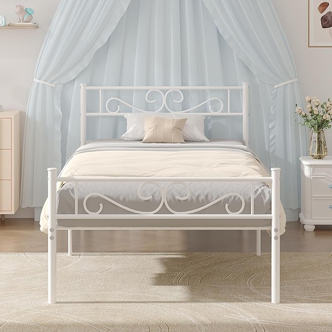 VECELO Twin Size Bed Frame with Headboard, 14 Inch Metal Platform Mattress Foundation, No Boxing Spring Needed, Squeak Resistant, Easy Assembly, White - LeafyLoom