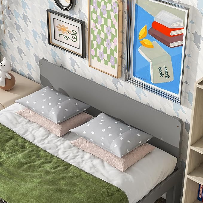 Full Bed with Footboard Bench, Full Kid Bed with Headboard, Wood Slat Support, Cute Kid Bed Frame with Book Storage Space, Full Car Bed for Boys Girls Bedroom, No Box Spring Needed, Grey - LeafyLoom