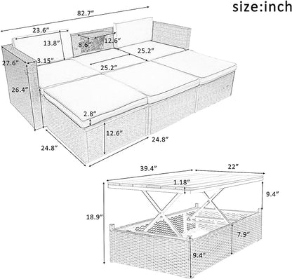 5 Pieces Patio Furniture Sets All Weather Wicker Rattan Sectional Sofa Outdoor Conversation with Adustable Backrest, Cushions, Ottomans and Lift Top Coffee Table for Poolside, Garden, Backyard - LeafyLoom