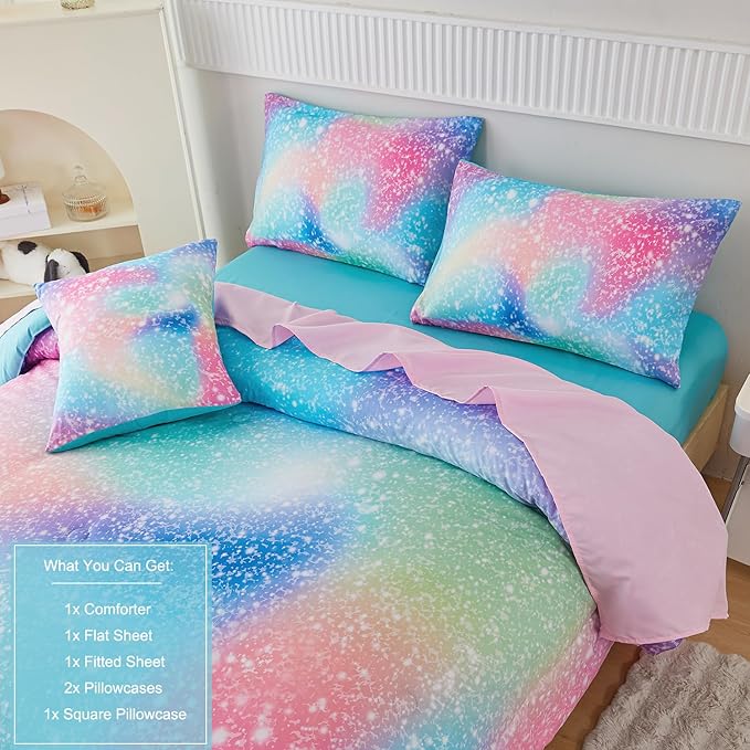 PERFEMET Rainbow Queen Girls Bedding Set, 6 Pieces Glitter Pink Green Comforter for Queen Size Bed, Colorful Tie Dye Ombre Teen Girls Bed in A Bag Comforter Set with Sheets - LeafyLoom