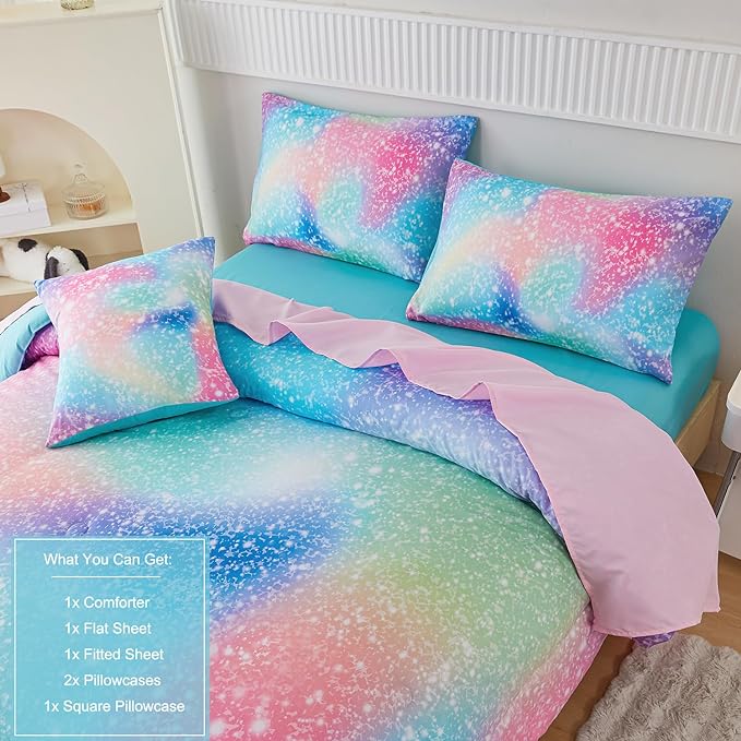 PERFEMET Pink Green Girls Twin Comforter Set, 6 Pieces Colorful Rainbow Kids Bedding Sets, Tie Dye Ombre Glitter Bed in A Bag Comforter Set with Sheets - LeafyLoom