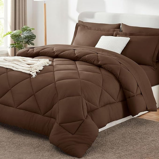 CozyLux Full Comforter Set with Sheets 7 Pieces Bed in a Bag Brown All Season Bedding Sets with Comforter, Pillow Shams, Flat Sheet, Fitted Sheet and Pillowcases - LeafyLoom