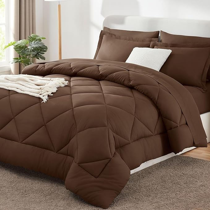 CozyLux King Comforter Set with Sheets 7 Pieces Bed in a Bag Brown All Season Bedding Sets with Comforter, Pillow Shams, Flat Sheet, Fitted Sheet and Pillowcases - LeafyLoom