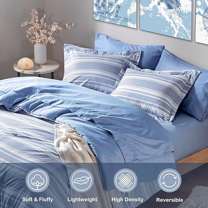 Queen Size Comforter Sets with Sheets, Modern Blue and White Striped Bed in a Bag, 7-Piece Complete Bedding Set Including Reversible Comforter, 2 Sheets, Pillowcases & Shams - LeafyLoom