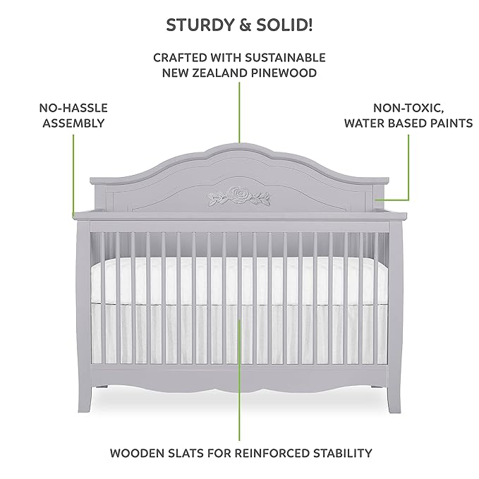 SweetPea Baby Rose 4-in-1 Convertible Crib in Silver Shimmer, Baby Crib with Spindles, Greenguard Gold Certified, Easy Assembly, Sustainable New Zealand Pinewood - LeafyLoom